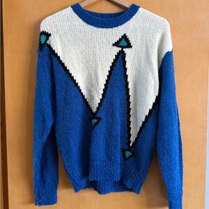 Vintage 90s Geometric Knit Sweater Blue White Retro Cabin Ski Style Small